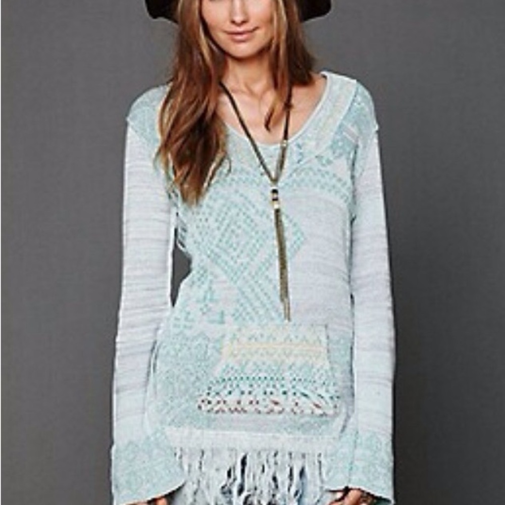 Free People Womens Dream Time Story Tunic Sweater Blue Geometric Fringe Hooded S